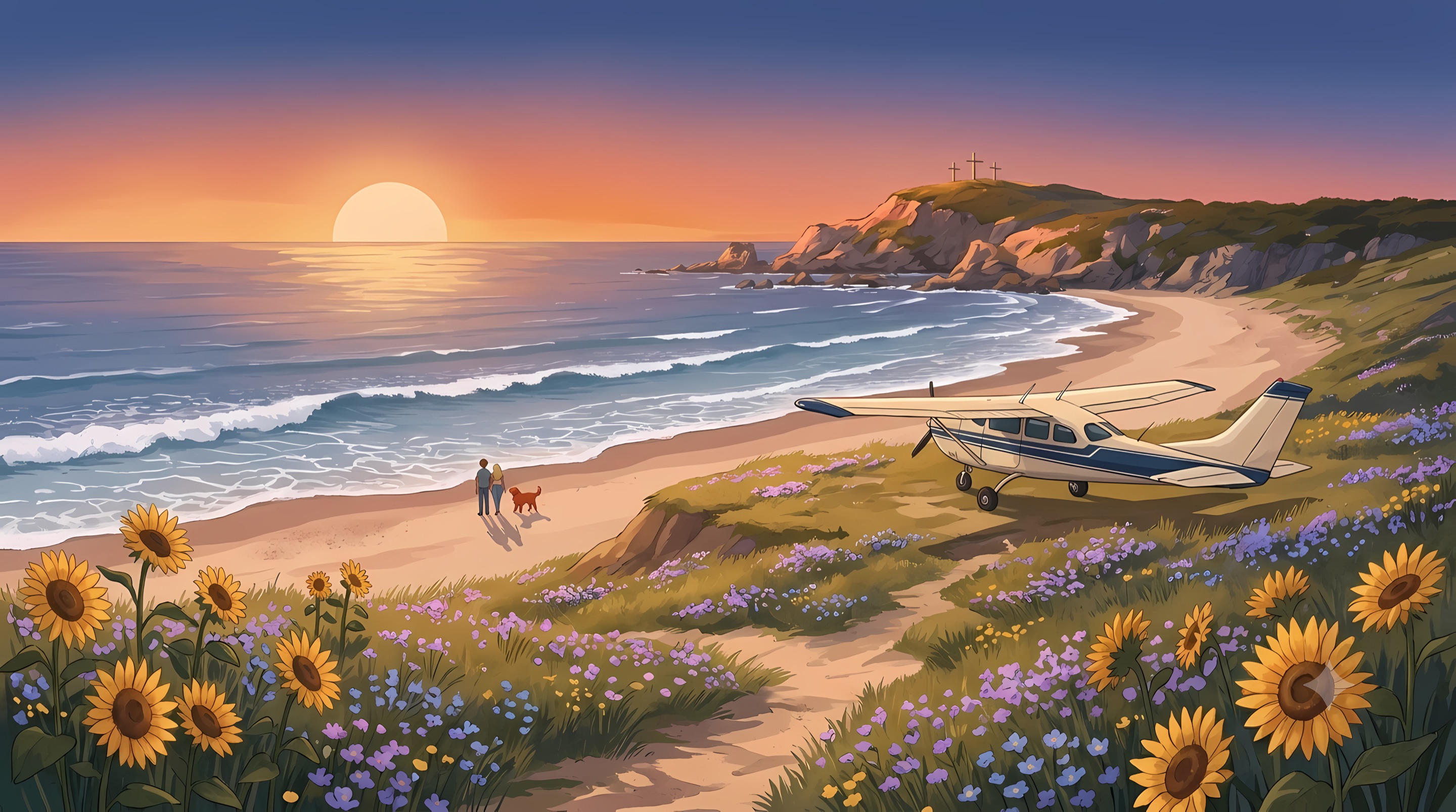 Golden-hour view from a wildflower hilltop over a curving beach — a couple and their dog walk the shore, a small plane rests on the bluff, and three crosses stand on the far headland